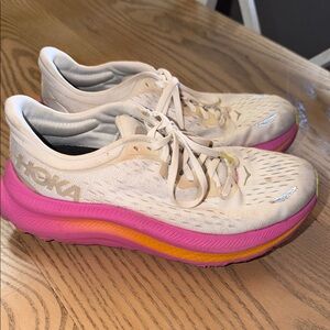 Hoka Women's Cream Running Shoes with Pink and Orange Midsole